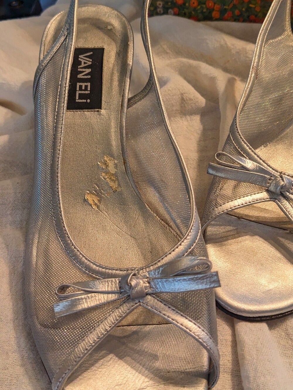 Vaneli Metallic Silver Slingback Peep-Toe Heels